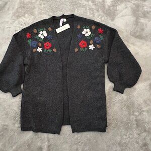 NWT Alya Chunky Embroidered Sweater Cardigan Balloon Sleeves SMALL Gray